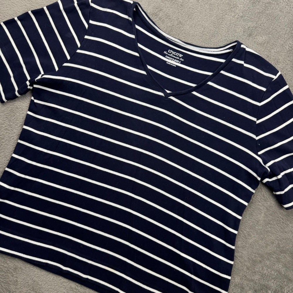 Chico's The Ultimate Tee Women L Navy White Excellent Pima Cotton V-Neck Striped